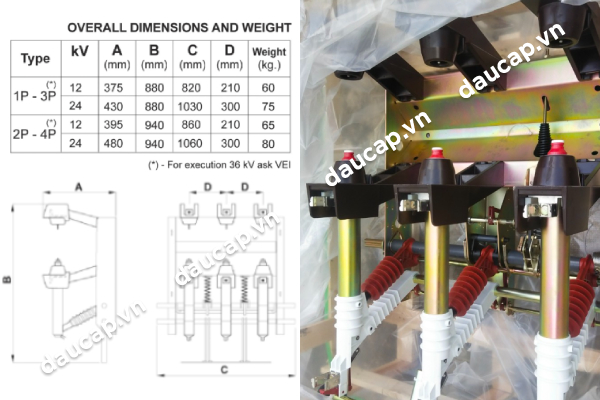 Kích thước cầu dao phụ tải LBS VEI 400A 630A